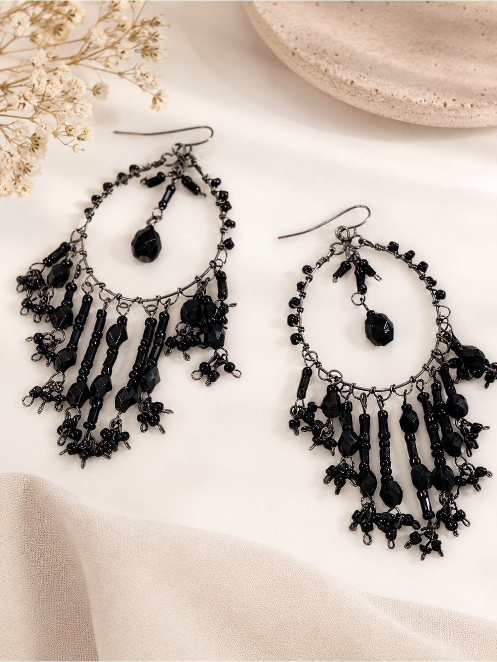 Black Beaded Chandelier Wire Hoop Dangle Drop Earrings Vintage Boho Goth
